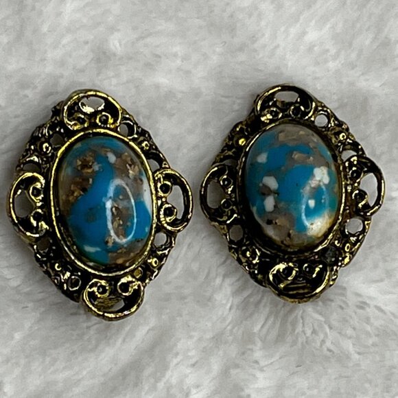 Vintage Gold Filigree Clip-On Earrings With Blue Marbled Stone - Picture 2 of 5